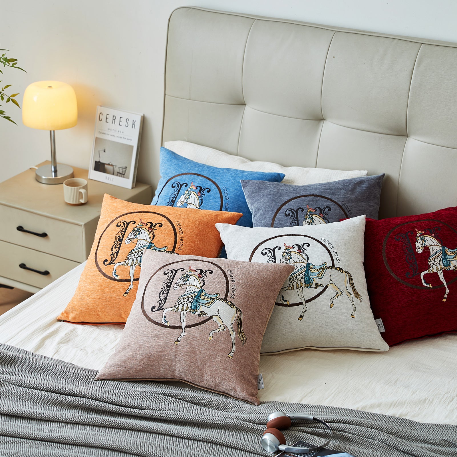 Croker Horse 18x18'' inches Throw Pillow Cushion Covers Set Pack of 2 Pcs - Luxury Horse Embroidery Modern Style Couch Sofa Pillow Cover for Living Room Bedroom (Beige)