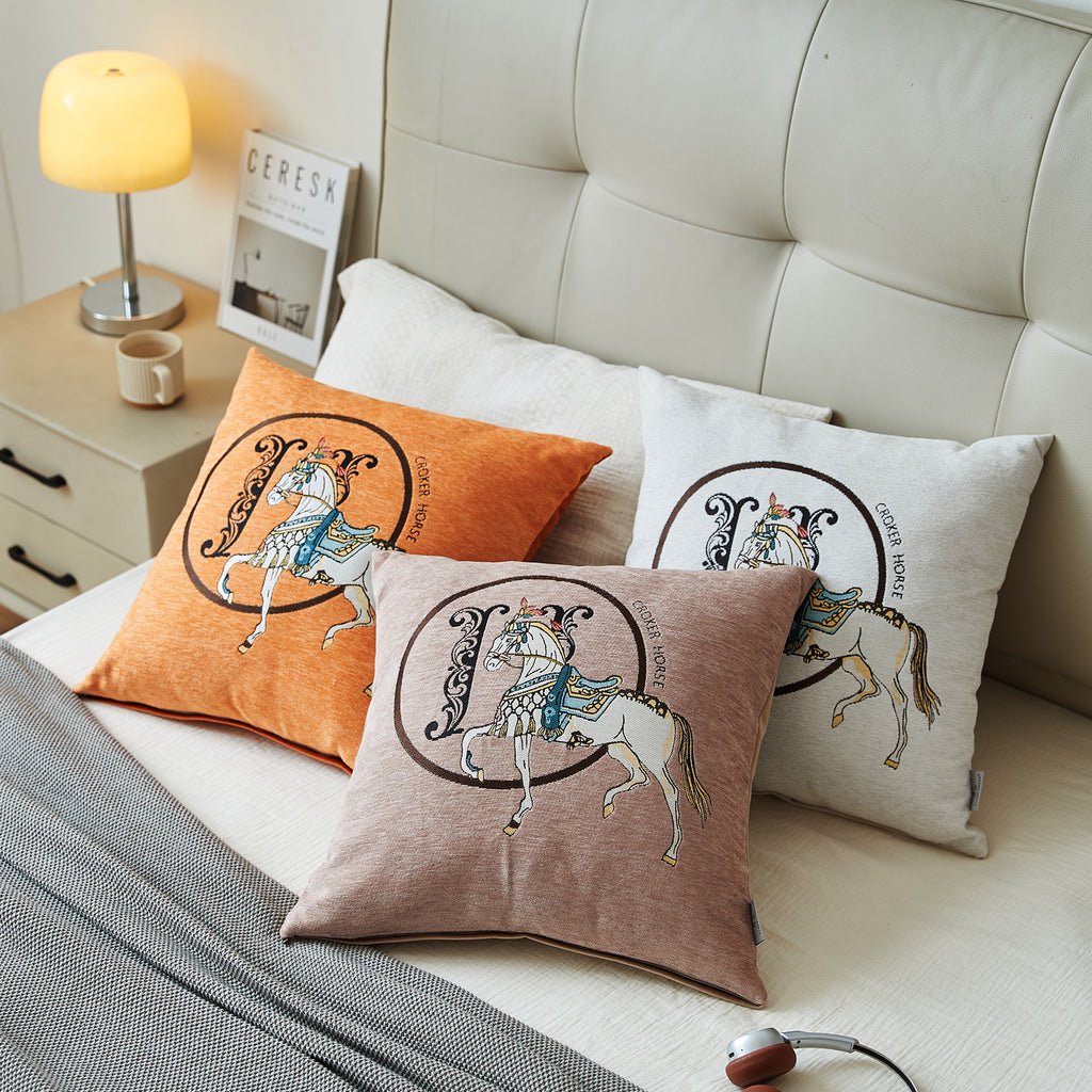 Croker Horse 18x18'' inches Throw Pillow Cushion Covers Set Pack of 2 Pcs - Luxury Horse Embroidery Modern Style Couch Sofa Pillow Cover for Living Room Bedroom (White)
