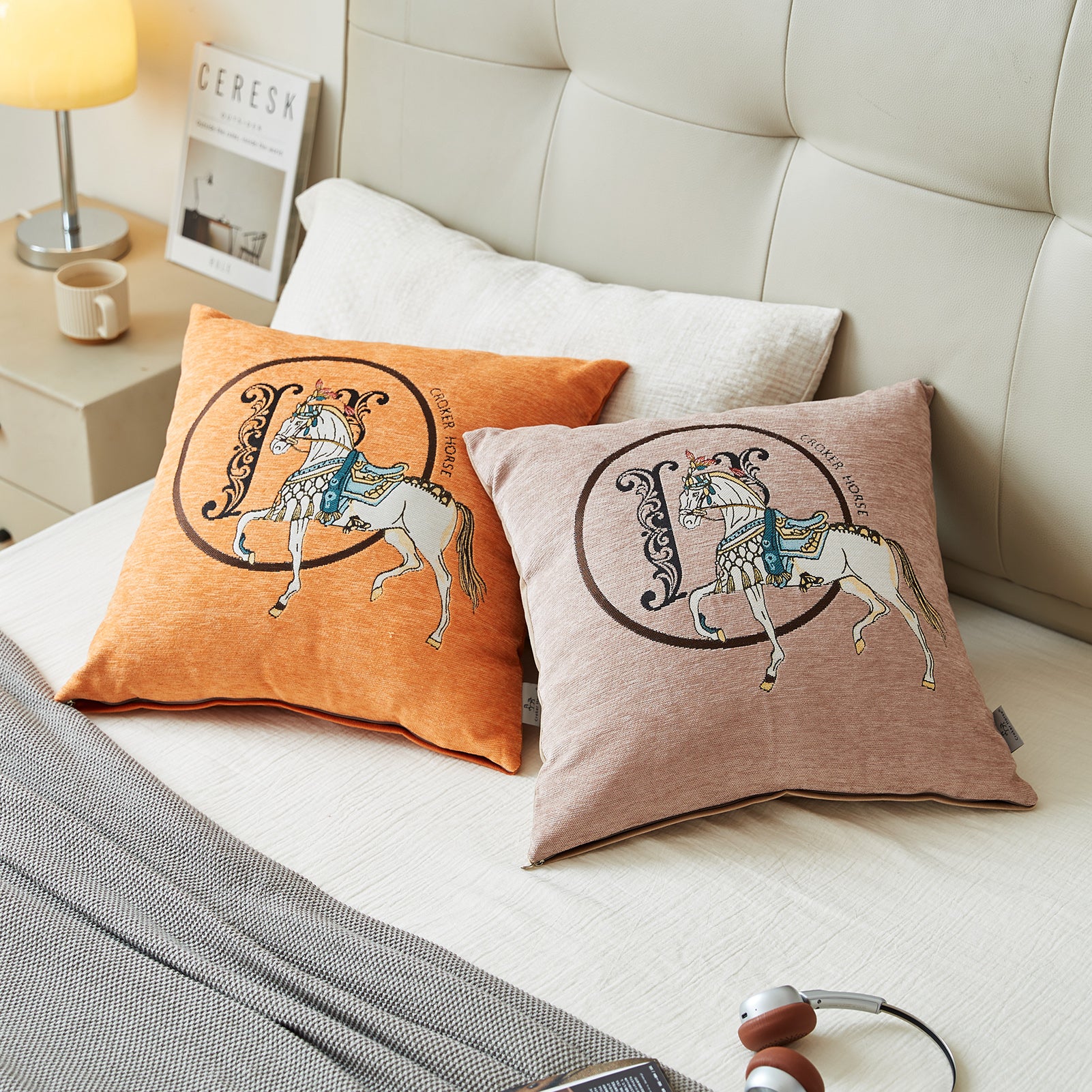 Croker Horse 18x18'' inches Throw Pillow Cushion Covers Set Pack of 2 Pcs - Luxury Horse Embroidery Modern Style Couch Sofa Pillow Cover for Living Room Bedroom (Beige)