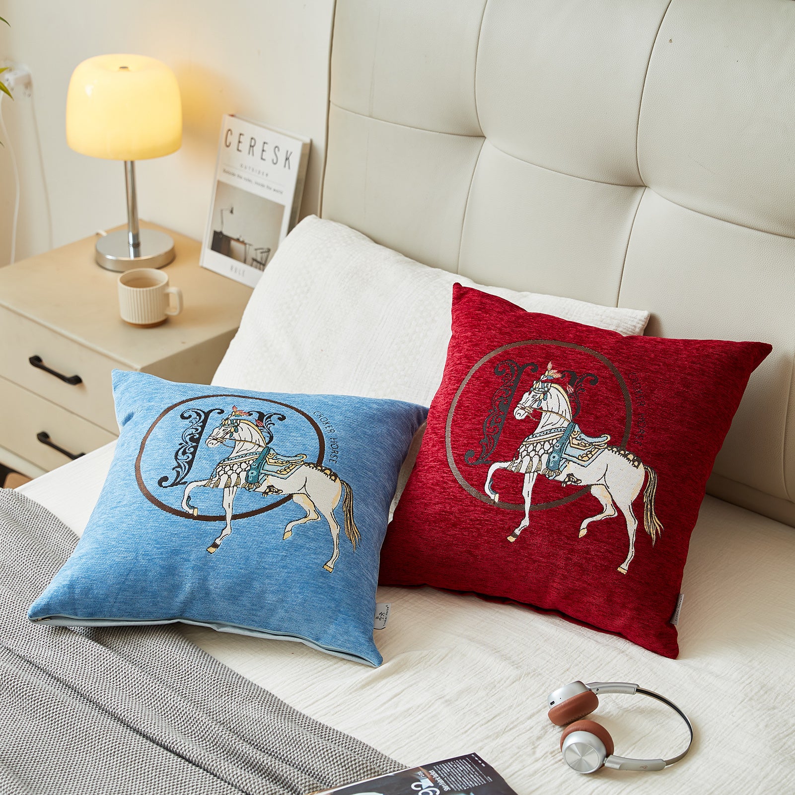 Croker Horse 18x18'' inches Throw Pillow Cushion Covers Set Pack of 2 Pcs - Luxury Horse Embroidery Modern Style Couch Sofa Pillow Cover for Living Room Bedroom (Red)