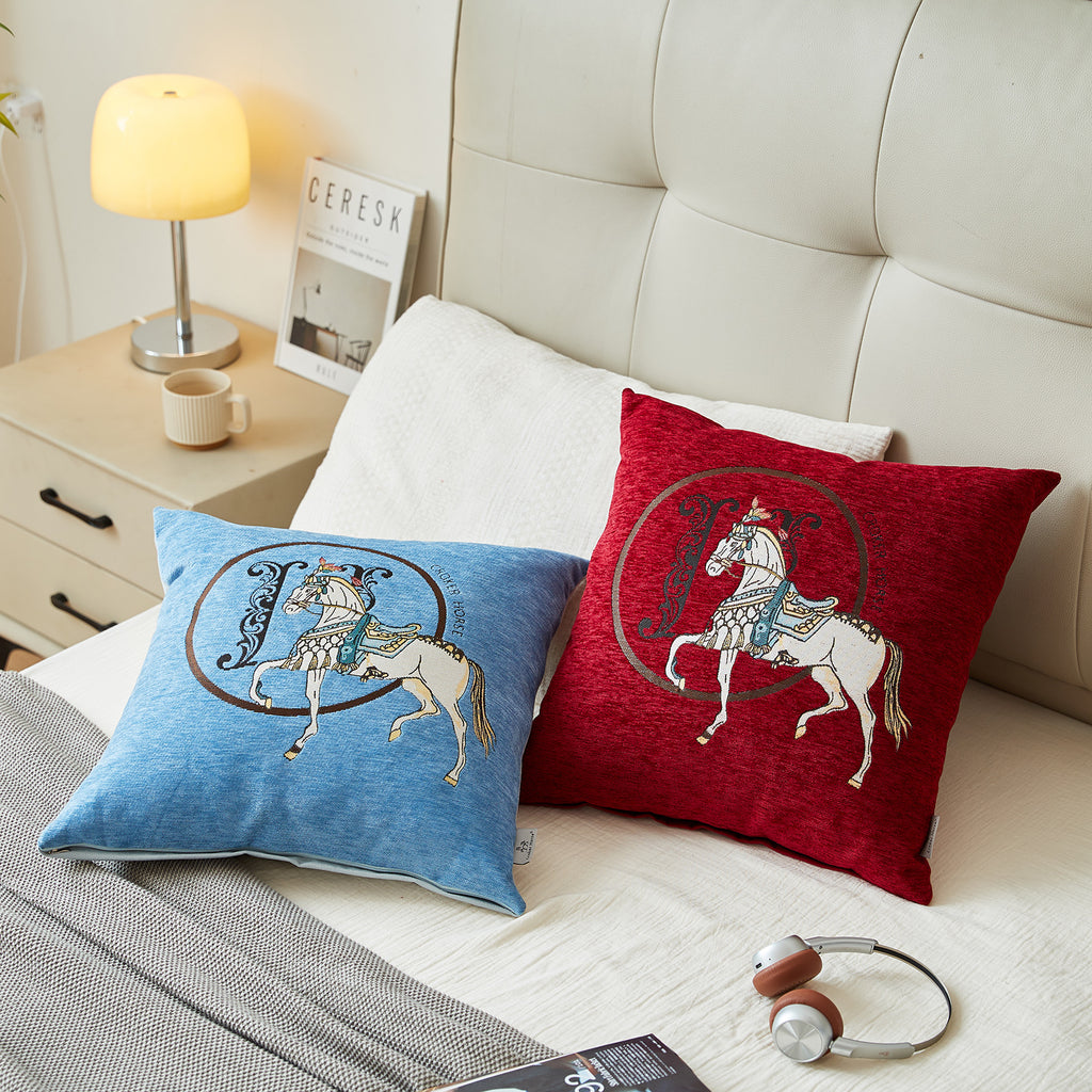 Croker Horse 18x18'' inches Throw Pillow Cushion Covers Set Pack of 2 Pcs - Luxury Horse Embroidery Modern Style Couch Sofa Pillow Cover for Living Room Bedroom (Blue)