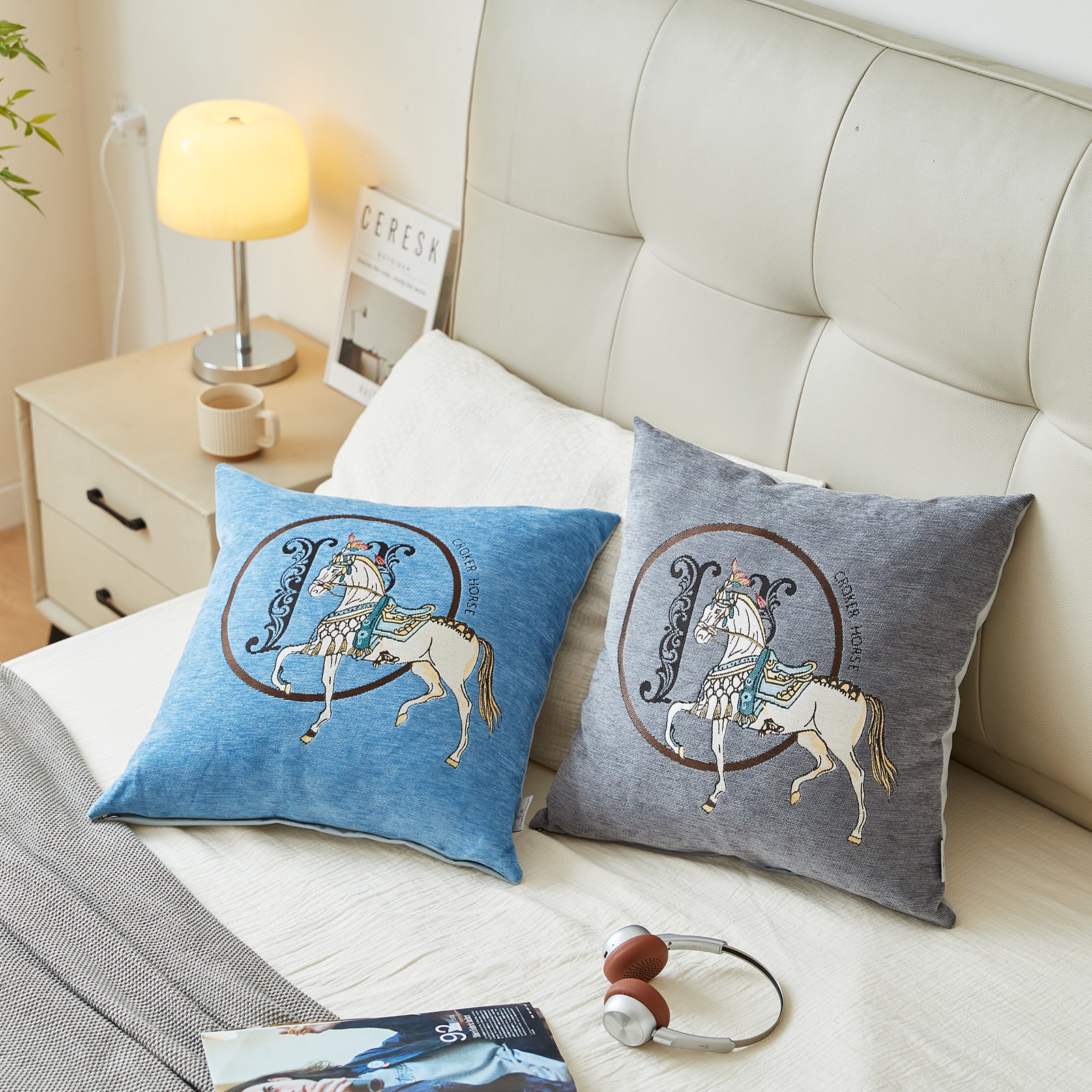Croker Horse 18x18'' inches Throw Pillow Cushion Covers Set Pack of 2 Pcs - Luxury Horse Embroidery Modern Style Couch Sofa Pillow Cover for Living Room Bedroom (Grey)