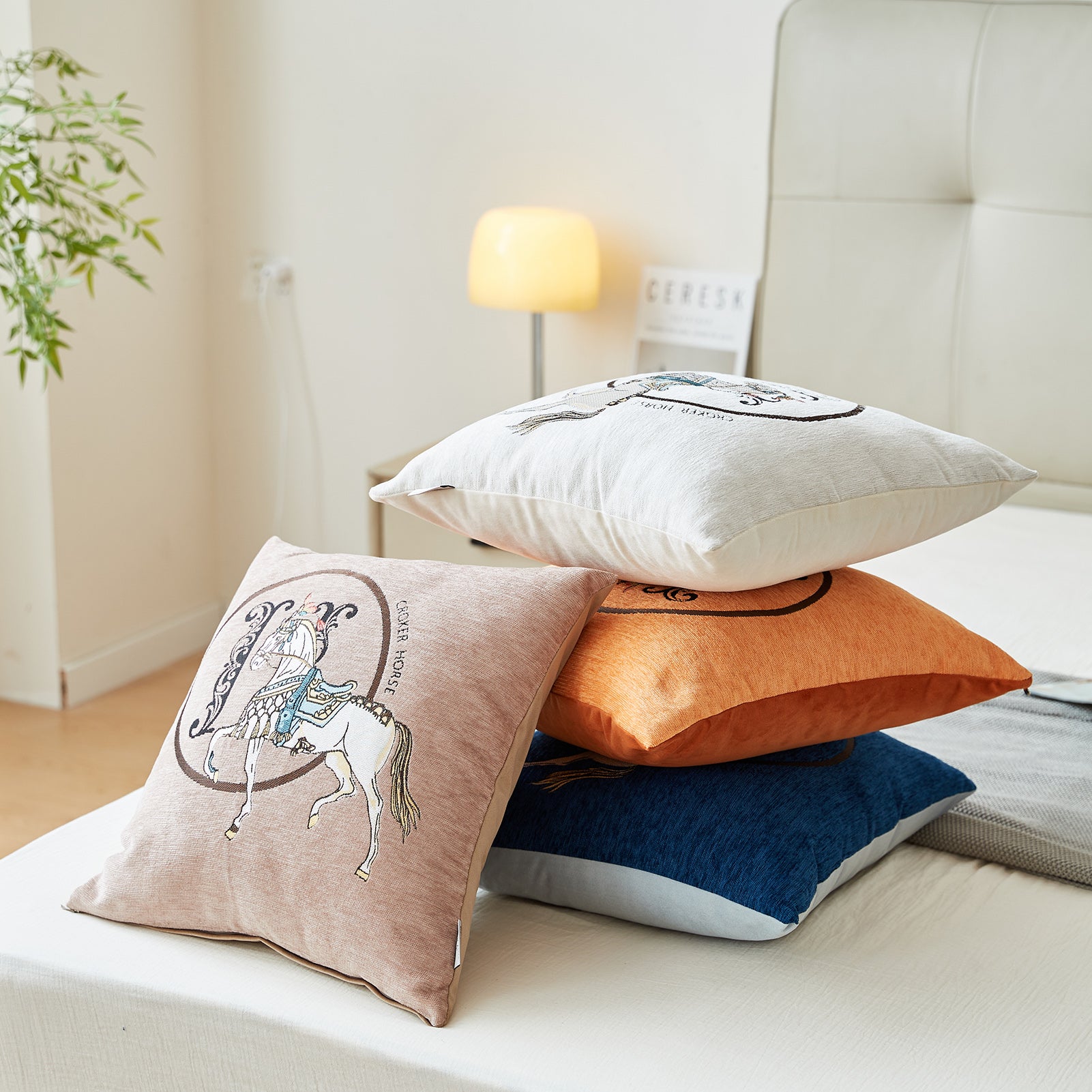 Croker Horse 18x18'' inches Throw Pillow Cushion Covers Set Pack of 2 Pcs - Luxury Horse Embroidery Modern Style Couch Sofa Pillow Cover for Living Room Bedroom (White)