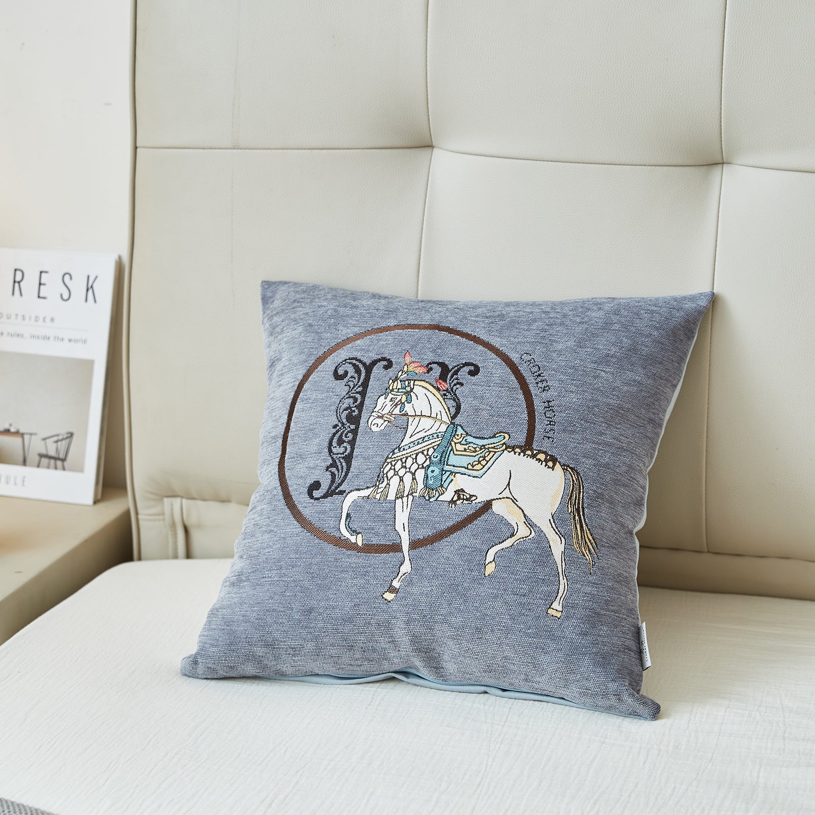 Croker Horse 18x18'' inches Throw Pillow Cushion Covers Set Pack of 2 Pcs - Luxury Horse Embroidery Modern Style Couch Sofa Pillow Cover for Living Room Bedroom (Grey)