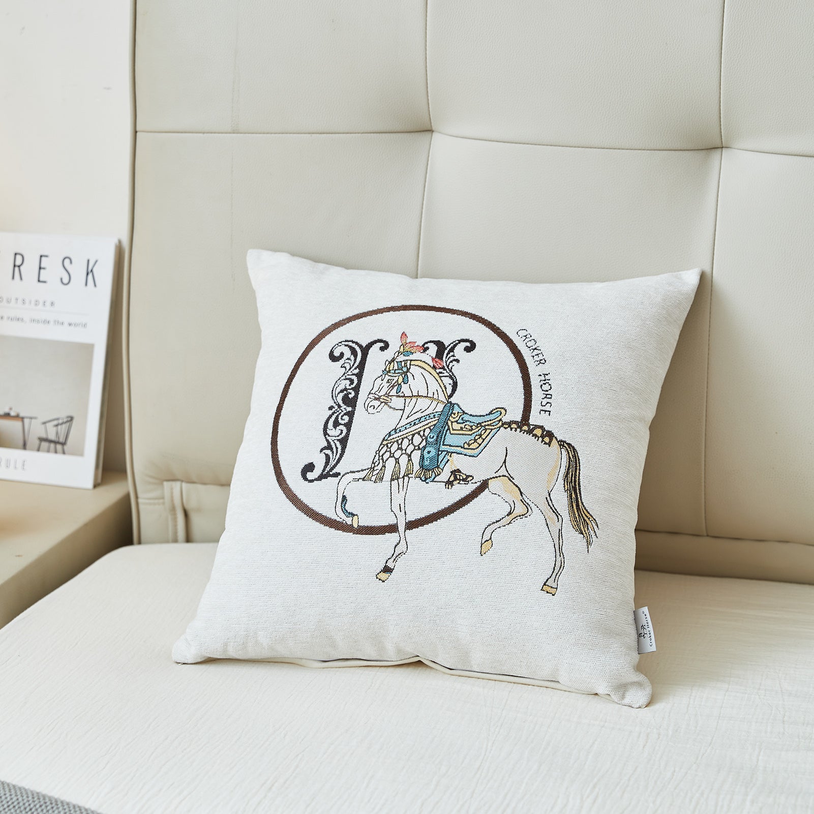 Croker Horse 18x18'' inches Throw Pillow Cushion Covers Set Pack of 2 Pcs - Luxury Horse Embroidery Modern Style Couch Sofa Pillow Cover for Living Room Bedroom (White)