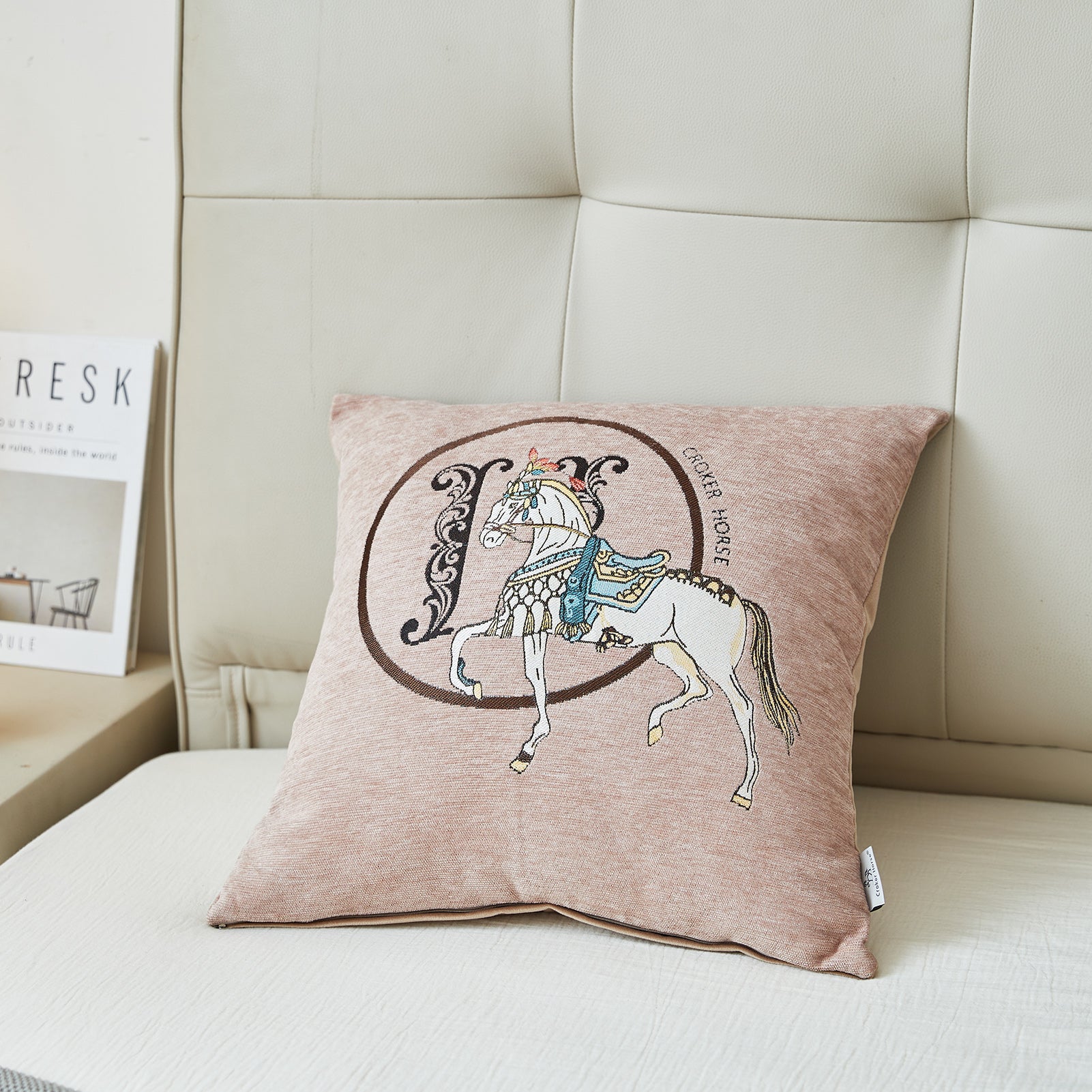Croker Horse 18x18'' inches Throw Pillow Cushion Covers Set Pack of 2 Pcs - Luxury Horse Embroidery Modern Style Couch Sofa Pillow Cover for Living Room Bedroom (Beige)