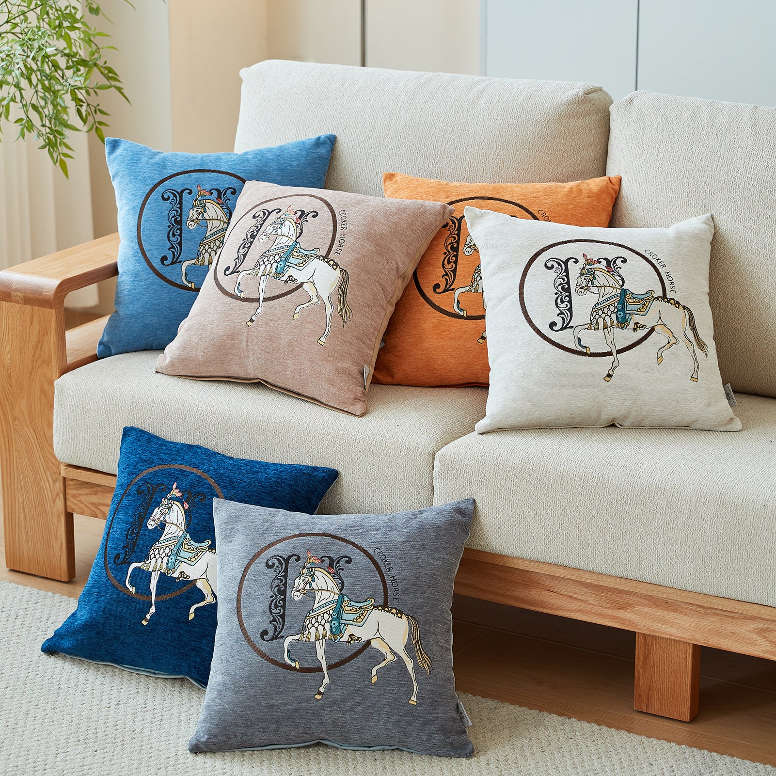 Croker Horse 18x18'' inches Throw Pillow Cushion Covers Set Pack of 2 Pcs - Luxury Horse Embroidery Modern Style Couch Sofa Pillow Cover for Living Room Bedroom (White)