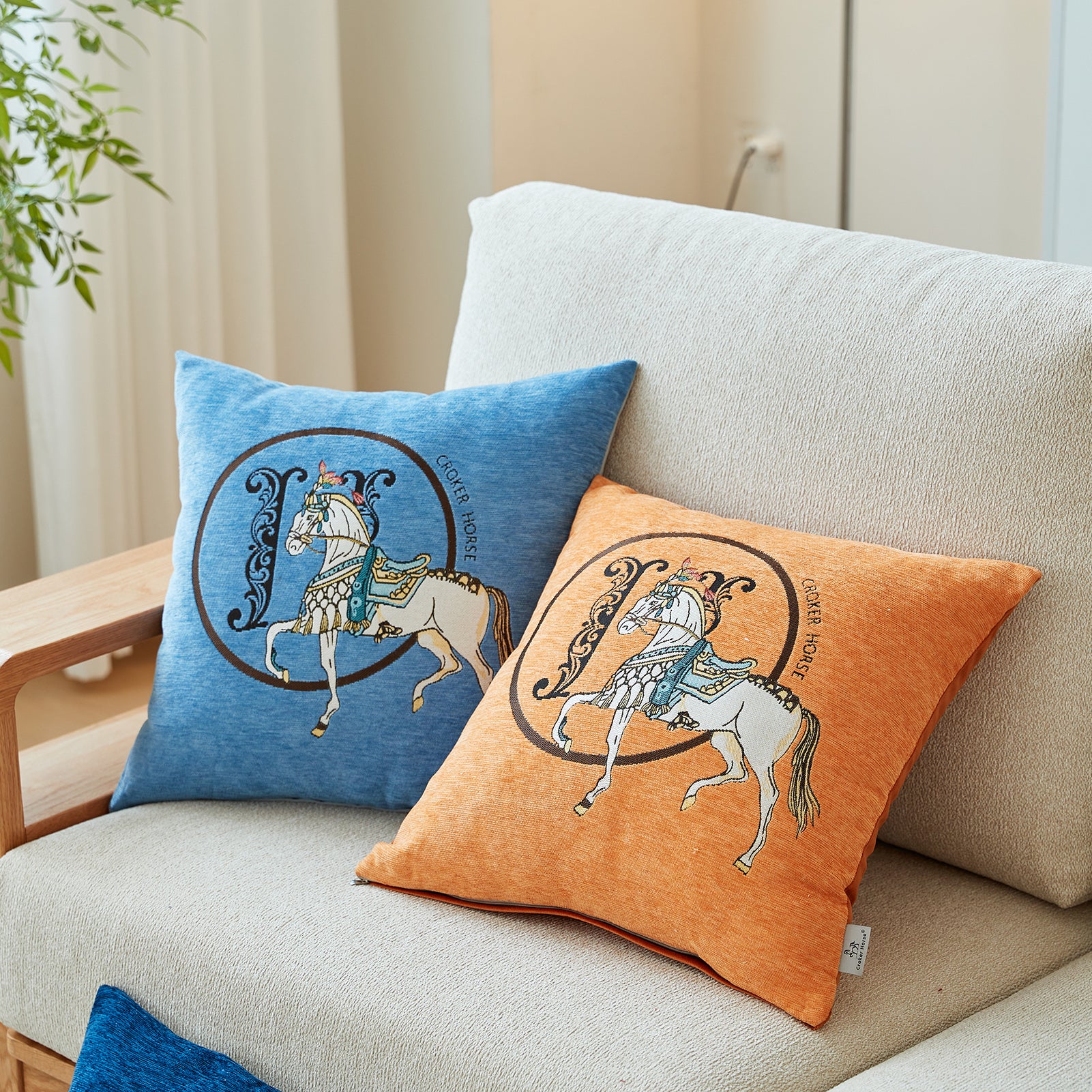 Croker Horse 18x18'' inches Throw Pillow Cushion Covers Set Pack of 2 Pcs - Luxury Horse Embroidery Modern Style Couch Sofa Pillow Cover for Living Room Bedroom (Orange)