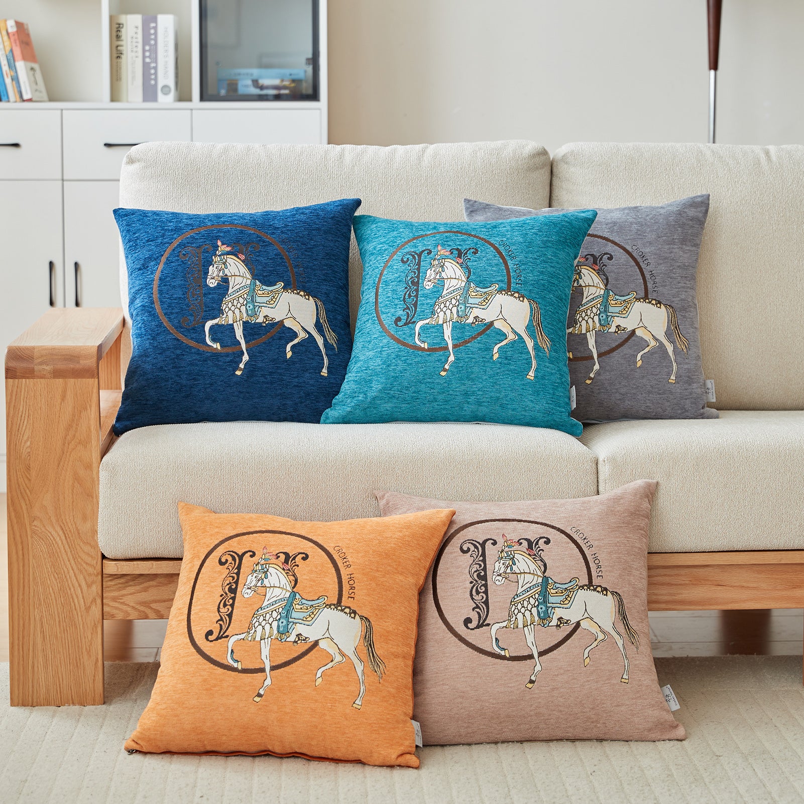 Croker Horse 18x18'' inches Throw Pillow Cushion Covers Set Pack of 2 Pcs - Luxury Horse Embroidery Modern Style Couch Sofa Pillow Cover for Living Room Bedroom (Beige)