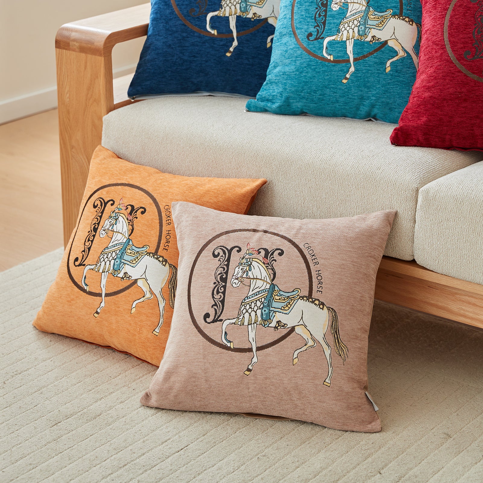 Croker Horse 18x18'' inches Throw Pillow Cushion Covers Set Pack of 2 Pcs - Luxury Horse Embroidery Modern Style Couch Sofa Pillow Cover for Living Room Bedroom (Beige)