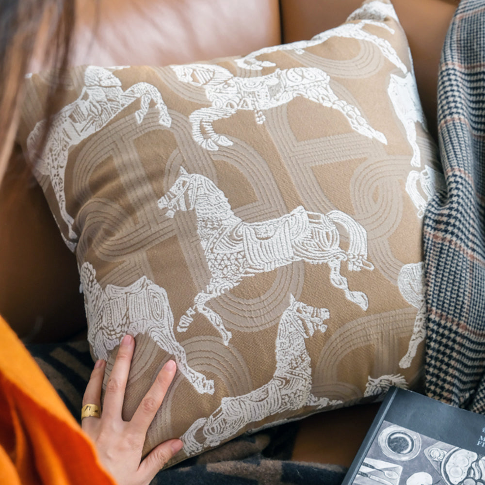 Croker Horse Throw Pillow Cushion Cover - Beige Royal Horse Pattern Chenille Embroidery Jacquard Luxury Modern Fashion Style Couch Sofa Pillow Covers for Bedroom Living Room