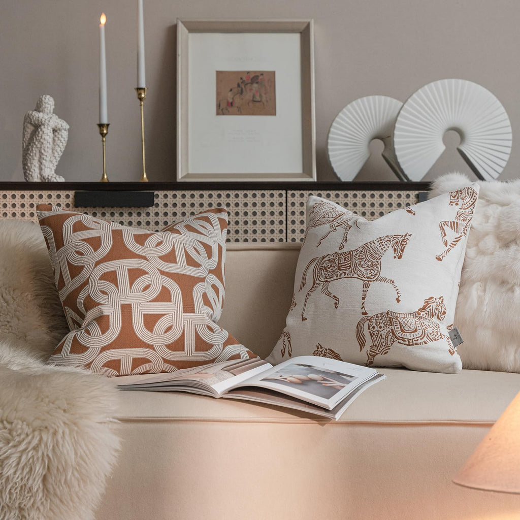 Croker Horse Throw Pillow Cushion Cover - Orange Pig Nose Horseshoe Pattern Chenille Jacquard Embroidery Luxury Modern Style Couch Sofa Pillow for Living Room Bedroom