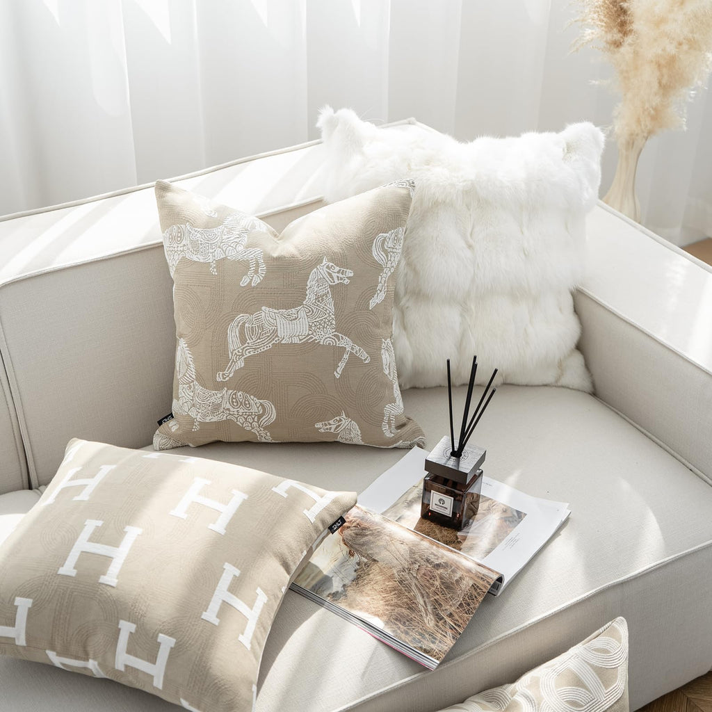 Croker Horse Throw Pillow Cushion Cover - Beige Royal Horse Pattern Chenille Embroidery Jacquard Luxury Modern Fashion Style Couch Sofa Pillow Covers for Bedroom Living Room