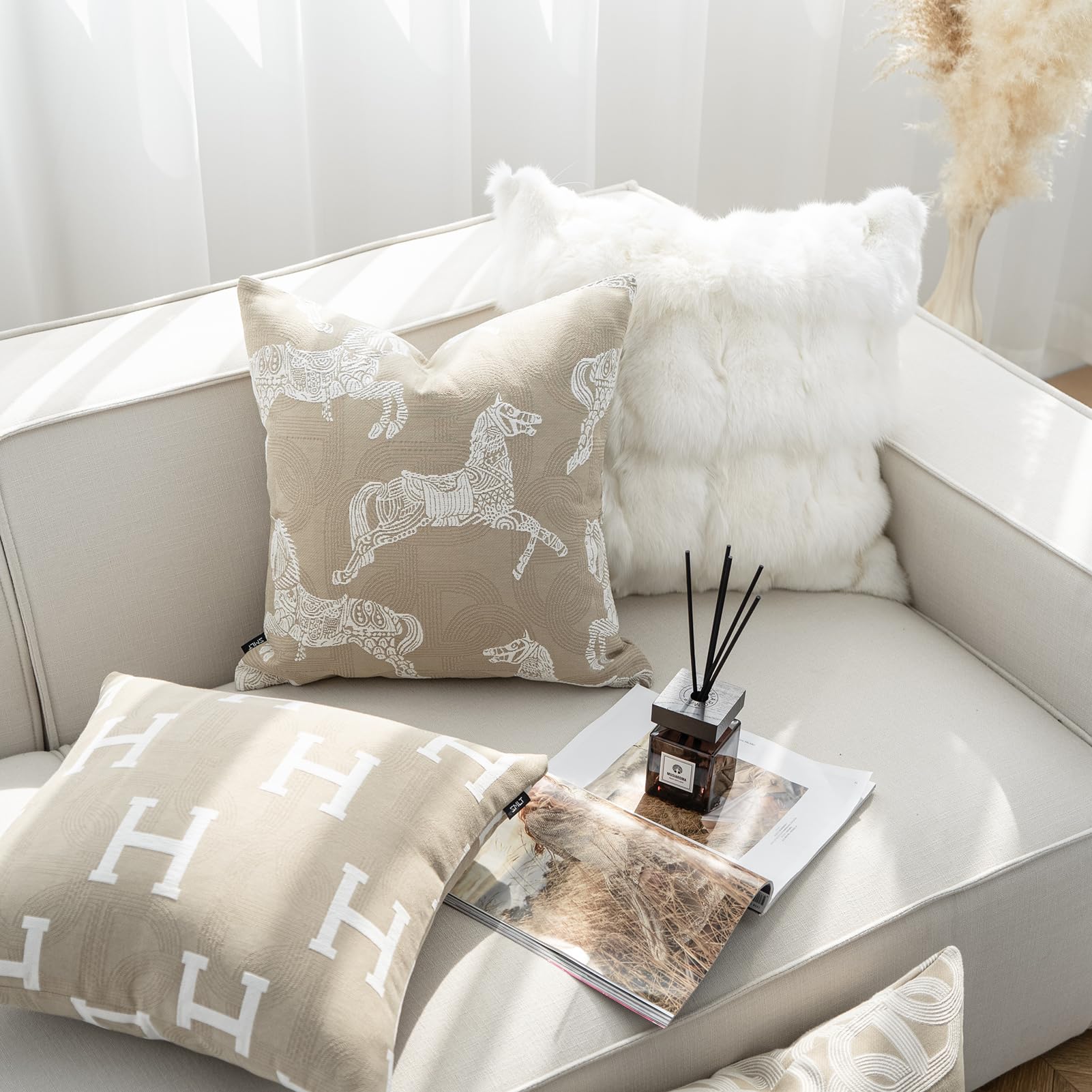 Croker Horse Throw Pillow Cushion Cover - Beige Royal Horse Pattern Chenille Embroidery Jacquard Luxury Modern Fashion Style Couch Sofa Pillow Covers for Bedroom Living Room