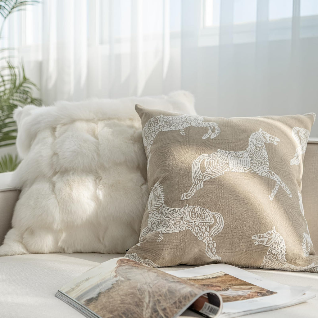 Croker Horse Throw Pillow Cushion Cover - Beige Royal Horse Pattern Chenille Embroidery Jacquard Luxury Modern Fashion Style Couch Sofa Pillow Covers for Bedroom Living Room