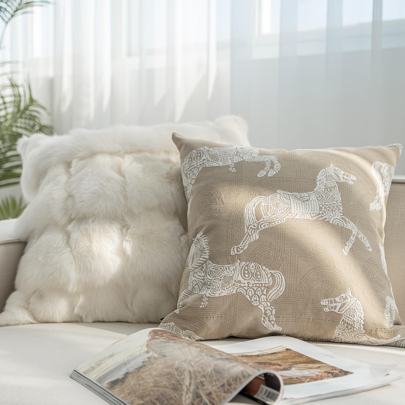 Croker Horse Throw Pillow Cushion Cover - Beige Royal Horse Pattern Chenille Embroidery Jacquard Luxury Modern Fashion Style Couch Sofa Pillow Covers for Bedroom Living Room