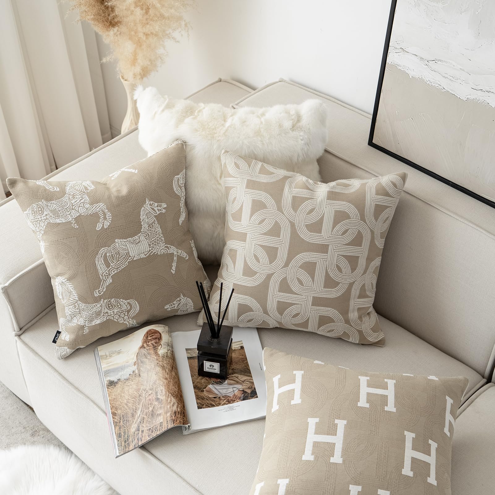 Croker Horse Throw Pillow Cushion Cover - Beige Royal Horse Pattern Chenille Embroidery Jacquard Luxury Modern Fashion Style Couch Sofa Pillow Covers for Bedroom Living Room