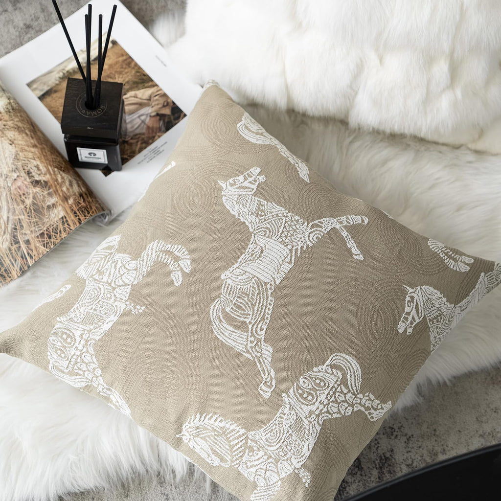 Croker Horse Throw Pillow Cushion Cover - Beige Royal Horse Pattern Chenille Embroidery Jacquard Luxury Modern Fashion Style Couch Sofa Pillow Covers for Bedroom Living Room