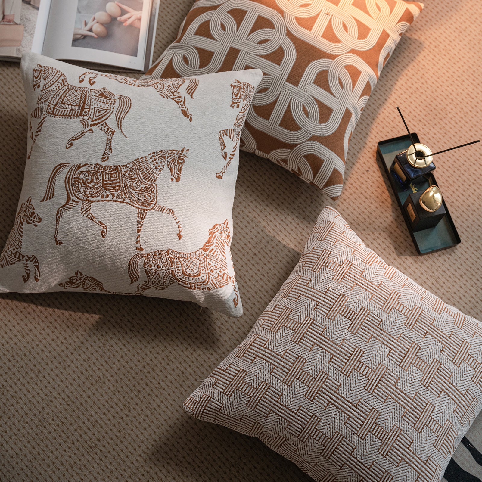 Croker Horse Throw Pillow Cushion Covers - Orange Horse Chenille Jacquard Embroidery Couch Sofa Pillow Covers for Living Room Bedroom